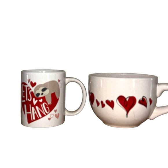 "Lets Hang" Heart Mug & Bowl Set With Sloth Design - Red & White Ceramic - Picture 1 of 5